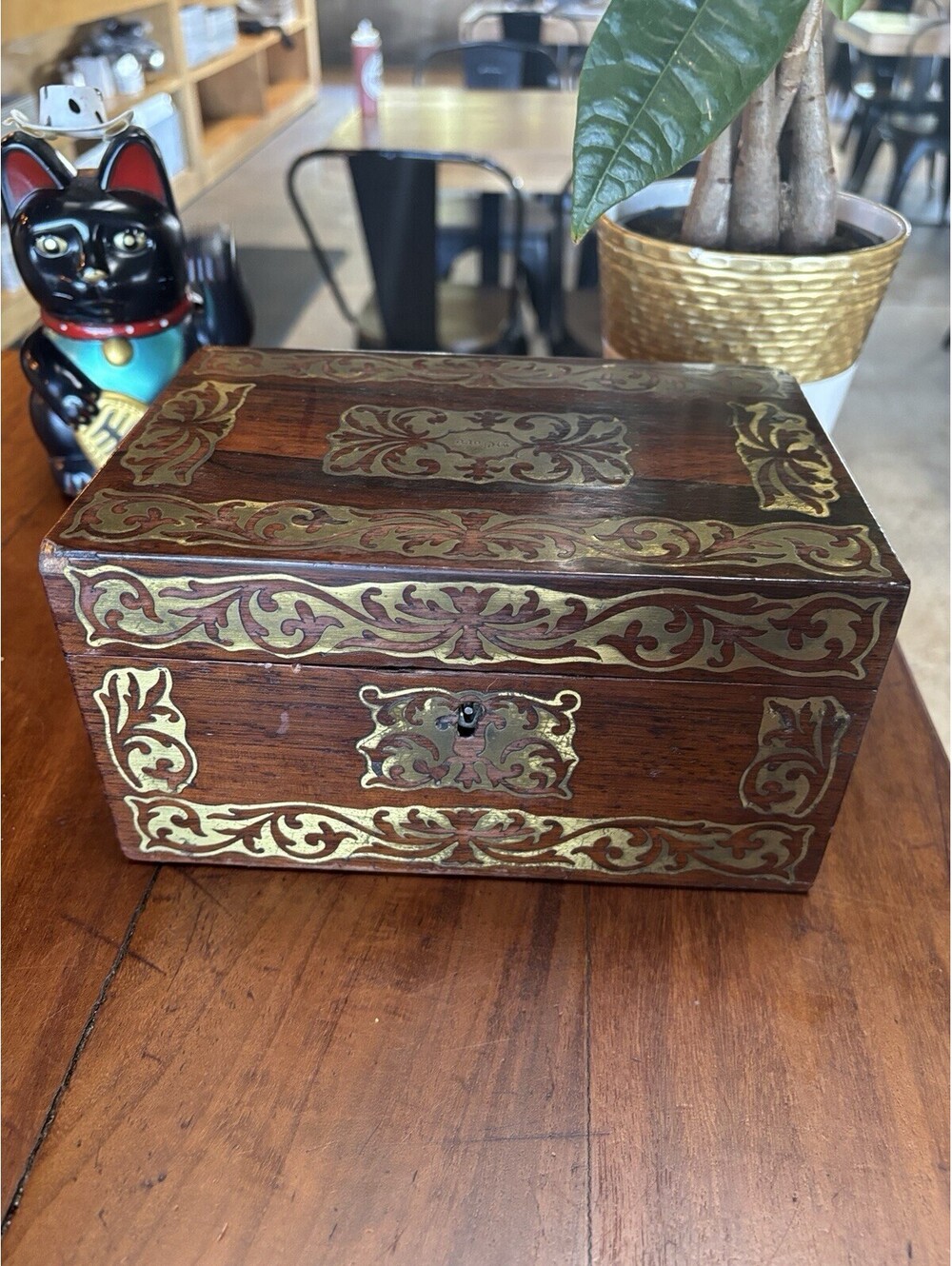 Beautiful Antique Victorian Wood Jewelry Box 19th Century Inlaid Brass Rosewood